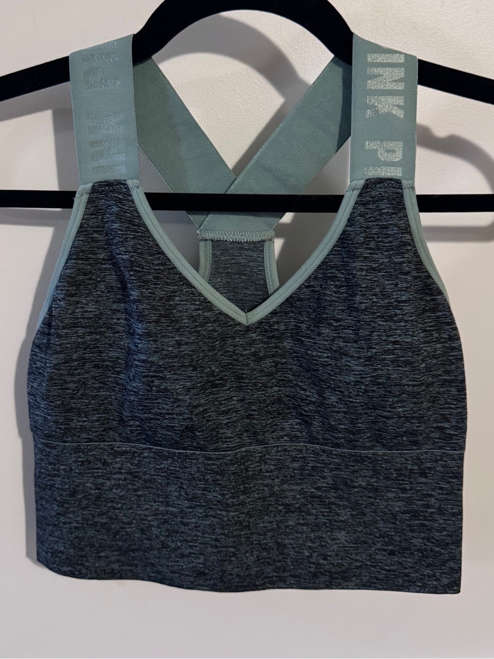 PINK Victoria's Secret Heathered Charcoal Sports Bra with Mint Straps